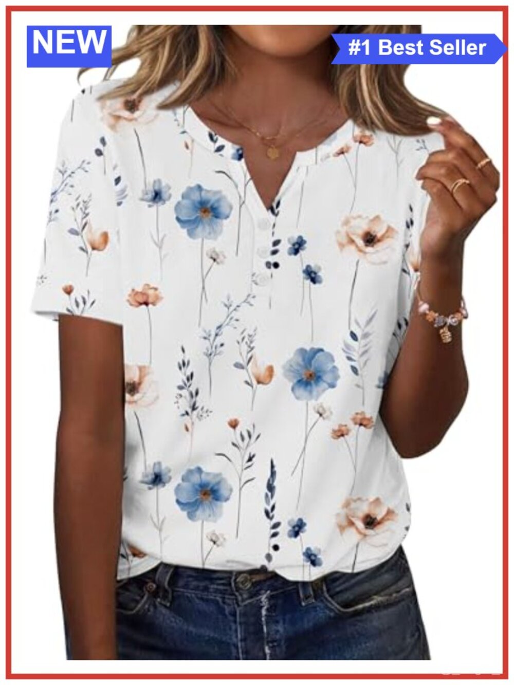 Women's V Neck Short Sleeve Blouse, 95% Polyester 5% Spandex, Floral Tunic